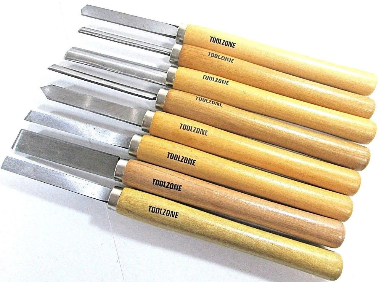 8PC Wood Turning Chisel Set- Carbon Steel Blades Beech Wood Handle 