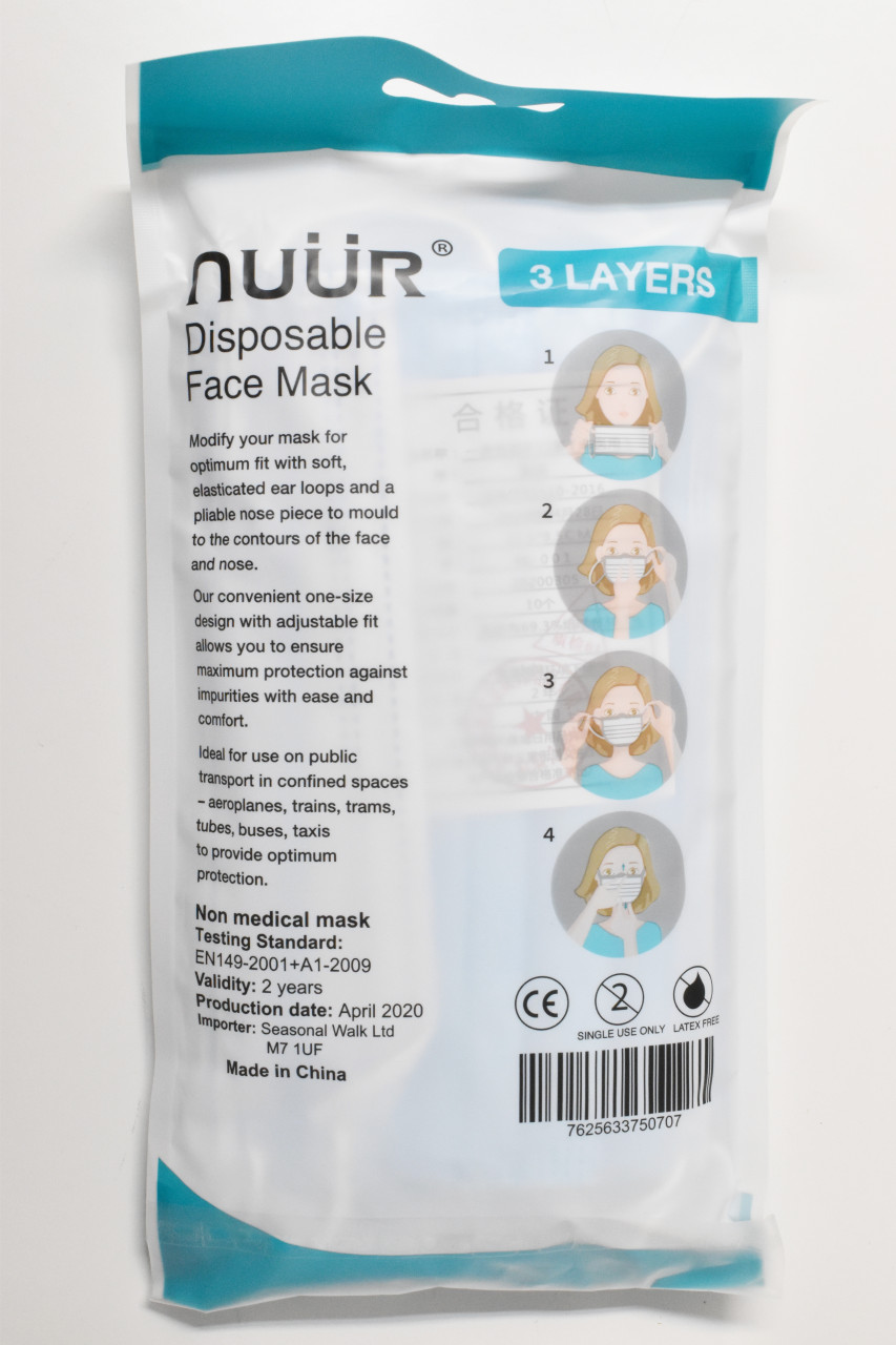 Adult 10 pack disposable face masks back of pack PPE006