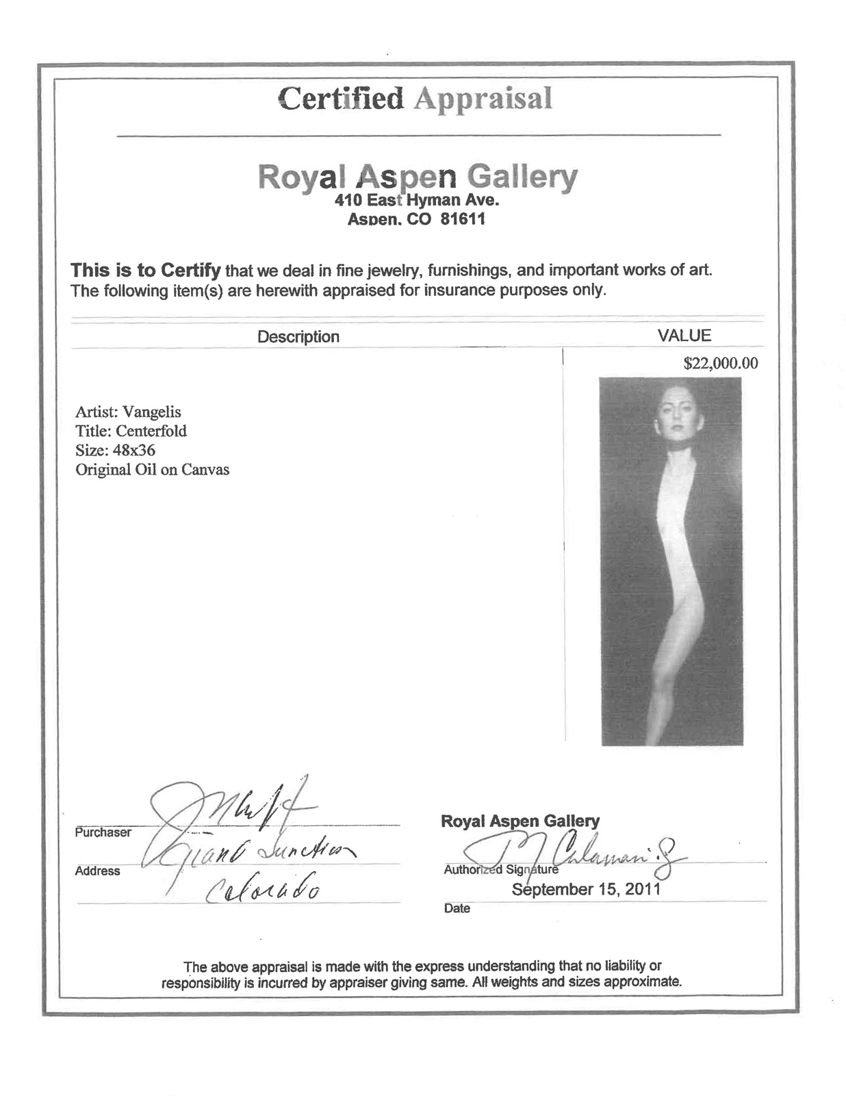 scanned copy of painting appraisal by Royal Aspen Gallery valuing painting at $22,000