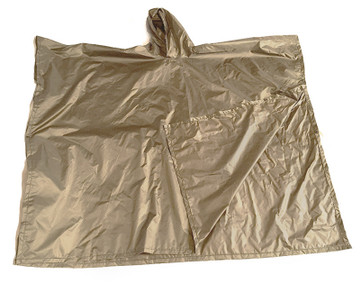 A tan-colored rain poncho, spread flat on a white background