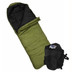 Wiggy's Hunter Antarctic sleeping bag in olive drab, isolated against a white background and lying slightly opened; pictured with stuff sack.
