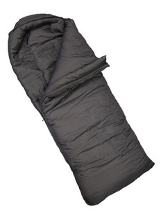 Wiggy's Hunter Antarctic sleeping bag in black, isolated against a white background and lying slightly opened