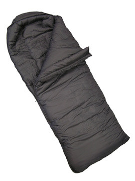 Wiggy's Hunter Antarctic sleeping bag in black, isolated against a white background and lying slightly opened