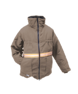 Wiggy's Nomex shirt jacket shown in tan with reflective tape across the lower chest.