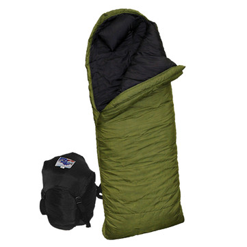 Wiggy's Hunter Ultima Thule sleeping bag in olive drab, standing upright against a white background with a stuff sack to the side.