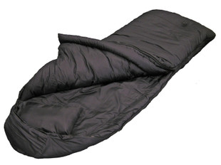 Wiggy's Hunter Ultima Thule sleeping bag in black, lying open, isolated against a white background, lying with hood open.