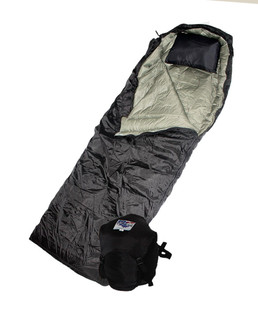 Wiggy's Hunter Ultra Light sleeping bag with hood shown in black, isolated against a white background, with stuff sack.