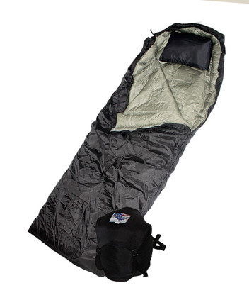Wiggy's Hunter Ultra Light sleeping bag with hood shown in black, isolated against a white background, with stuff sack.