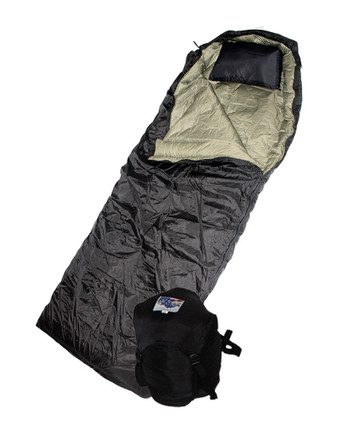 Wiggy's Hunter Super Light sleeping bag with hood shown in black, isolated against a white background, with stuff sack.