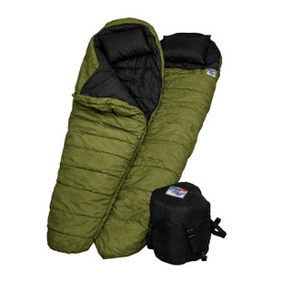 Two Wiggy's Antarctic Sleeping Bags in olive drab are stacked near each other, showing the regular mummy foot and boat foot options.