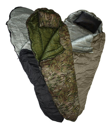 Three sleeping bags stacked on top of each other showing color options