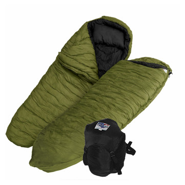 Two olive drab Wiggy's Ultima Thule sleeping bags stacked on top of each other, one with a boat foot, the other with a regular foot.