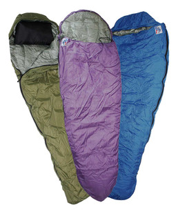 Group of three Wiggy's Super Light Mummy Style Sleeping Bags in olive drab, purple, and blue