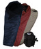 Wiggy's coyote brown, burgundy, and navy super light sleeping bags stacked atop one another and fanned out on a white background to make each color visible with a black stuff sack to the side.
