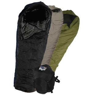 Wiggy's black, tan, and olive drab ultra light sleeping bags stacked atop one another and fanned out on a white background to make each color visible with a black stuff sack to the side.