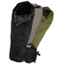 Wiggy's black, tan, and olive drab ultra light sleeping bags stacked atop one another and fanned out on a white background to make each color visible with a black stuff sack to the side.
