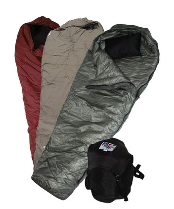 Wiggy's burgundy, coyote brown, and dark gray ultra light sleeping bags stacked atop one another and fanned out on a white background to make each color visible with a black stuff sack to the side.