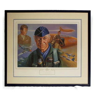 Signed lithograph featuring a montage of Chuck Yeager at different ages along with various aircraft he was associated with