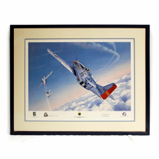 Lithograph of a silver and red accented fighter plane in combat over clouded skies