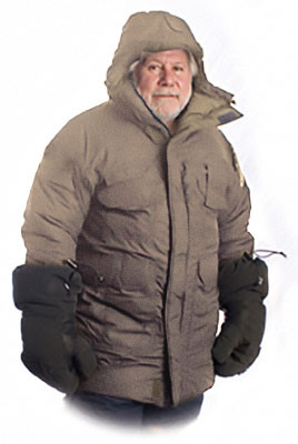 Man wearing Wiggy's heavily insulated sand-colored Antarctic Parka shown from the waist up against a white background