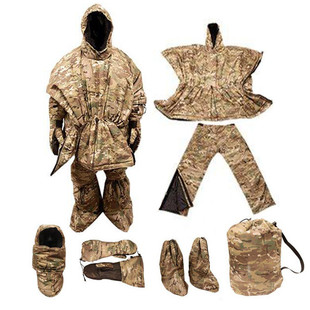 Wiggy's survival kit showing full suit and individual pieces in multicam fabric