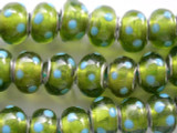 Lime Green w/Blue Polka Dots Lampwork Glass Beads 14mm - Large Hole (LW1191)
