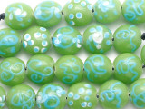 Lime Green w/Blue Doodles Lampwork Glass Beads 15mm (LW1272)