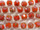 Red w/Pink Roses Faceted Glass Beads 12mm (CRY148)