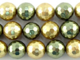 Gold & Green Faceted Glass Pearl Beads 9mm (PG54)