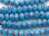 Blue w/Flowers Lampwork Glass Beads 15mm - Large Hole (LW1495)