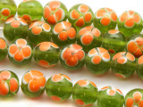 Lime Green w/Orange Flowers Glass Beads 11mm (JV1069)