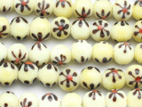Pale Yellow w/Brown Flowers Glass Beads 10-12mm (JV1133)
