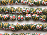 Green & Yellow Painted Sandcast Glass Beads 10-11mm (SC922)