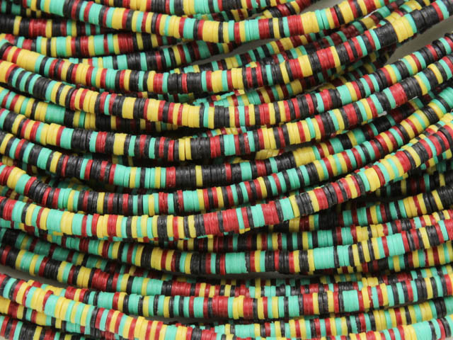 Yellow, Black, Red & Green Vinyl Disc Beads 3mm (VY219) - Happy Mango Beads