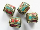 Turquoise, Coral & Brass Tibetan Bead 15x13mm (TB305)