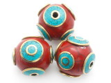 Red Resin & Brass Tibetan Bead 18mm (TB534)