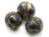 Afghan Tribal Bead - Brass & Dark Blue Round 22-26mm (AF666)