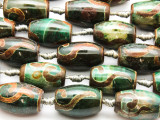 Green & Brown Tibetan Agate Barrel Gemstone Beads 23mm (GS4595)