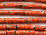Dark Orange, Black & Green Cylinder Tube Glass Beads 13-14mm (JV1231)