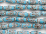 Blue w/Black & White Swirl Barrel Glass Beads 27mm (JV1305)