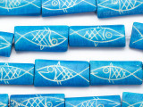 Blue Fish Motif Carved Bone Beads 30-32mm (B1385)