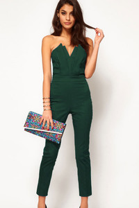 Plus Size Green Sexy Jumpsuit with Pleated Bust Origami Detail