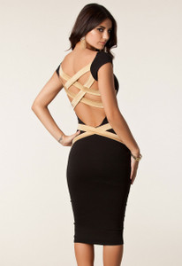 Plus Size Black Round Neck Strappy Back Skintight Midi Dress