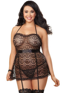 Plus Size Flirty Sexy Delicate Lace Apron Babydoll and Panty
