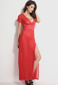 Red Plus Size Red Mesh and Lace V Neck Lingerie Gown