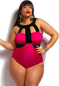 Red Rosy Faux Mesh Insert Plus Size Swimsuit