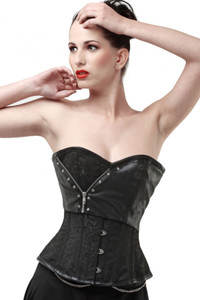 2pcs Plus Size Black Brocade Corset with Faux Leather Detail