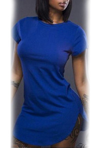 Blue Side Slit Mini T-shirt Dress