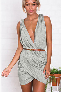 Grey Plunge Neck Pleated Wrap Mini Dress