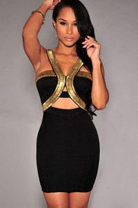 Black Gold Embellished Cut-out Club Mini Dress